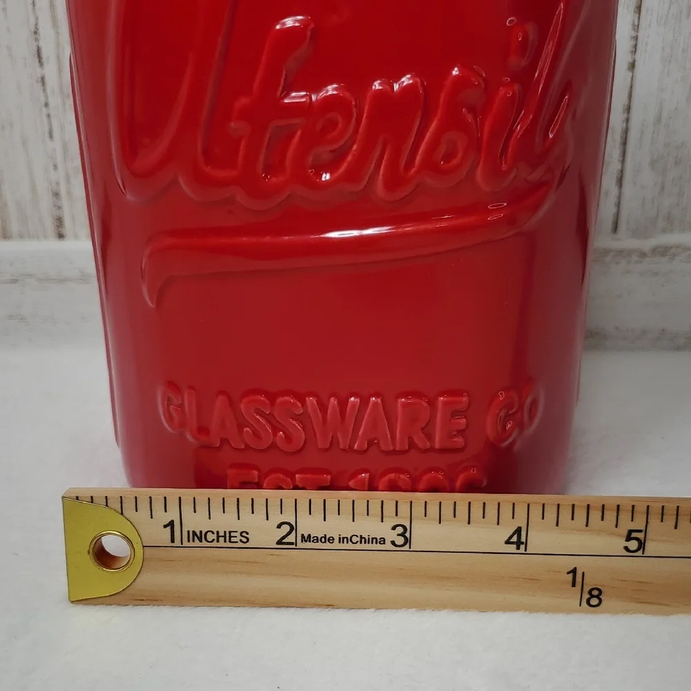 Red Ceramic Mason Jar Utensil Holder for Kitchen Counter Organizer
